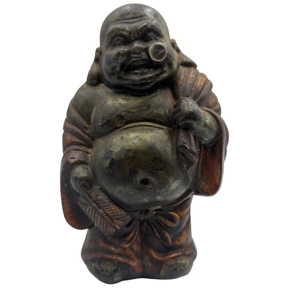 Vintage Laughing Buddha Hotei Statue Bronze Finish Resin Figurine 7.5 Inch